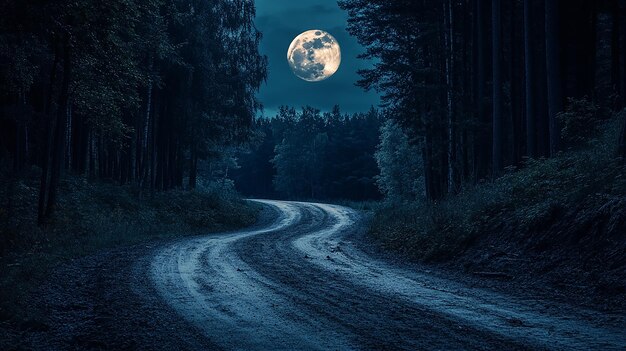 Photo mountain road through forest on full moon night