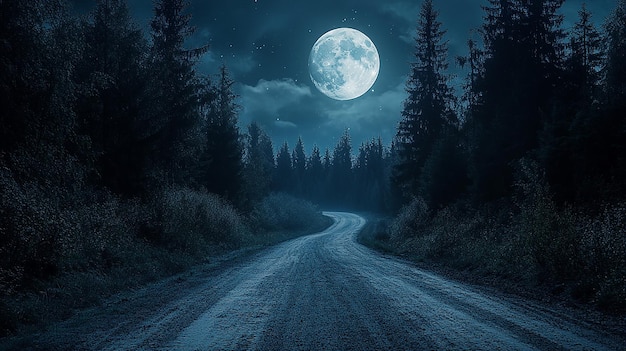 Photo mountain road through forest on full moon night