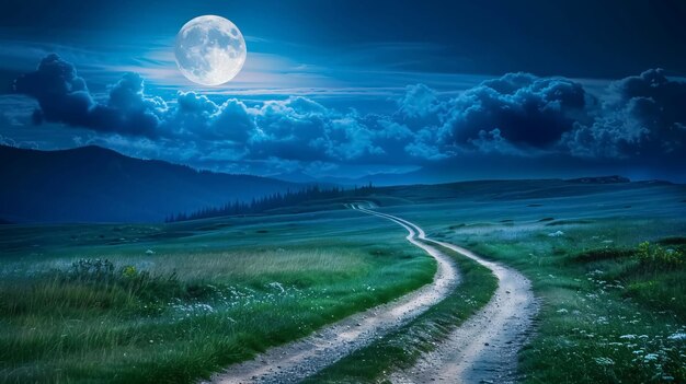 Photo mountain road through grassy meadow at night wonderful summer adventure in full moon light