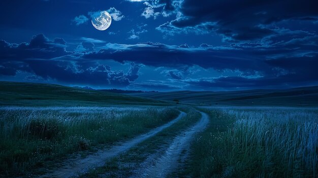 Photo mountain road through grassy meadow at night wonderful summer adventure in full moon light