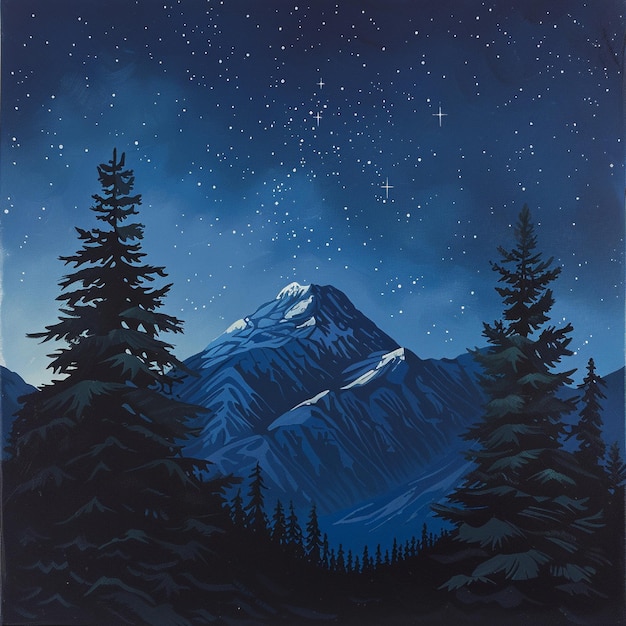 A mountain scene with a clear starfilled night sky