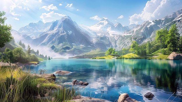 Mountain scenery with clear lake