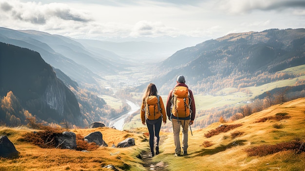 Mountain scenery with a couple of hikers on their backs walking with their backpacks Mountain