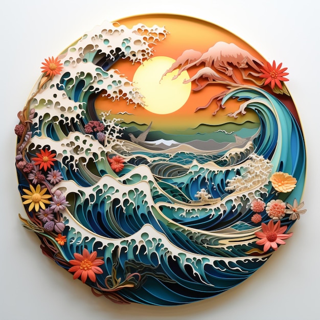 Mountain sea paper quilling nature scenery image Generative AI