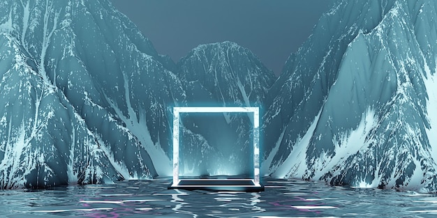 Mountain and sea podium background Cosmetic stand and neon light stick water surface and mountain