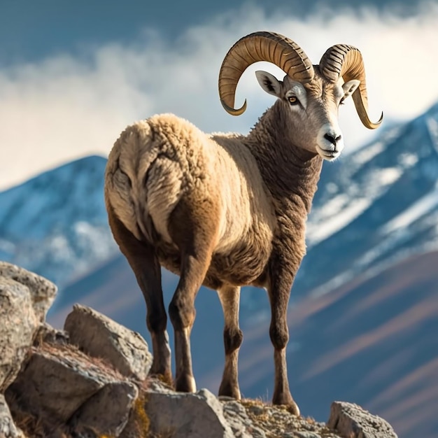 Mountain sheep goat argali on top of a rock against the backdrop of a mountain landscape closeup