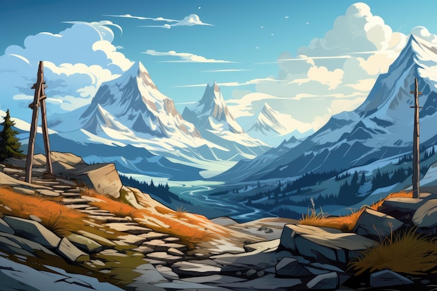 mountain signpost illustration style