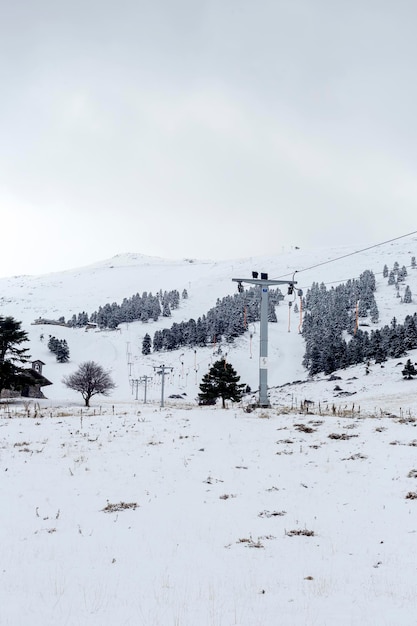 Mountain ski resort on a foggy day