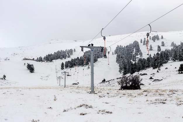 Mountain ski resort on a foggy day