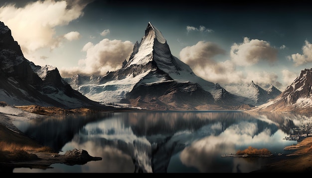 A mountain in the sky with clouds and a mountain in the background