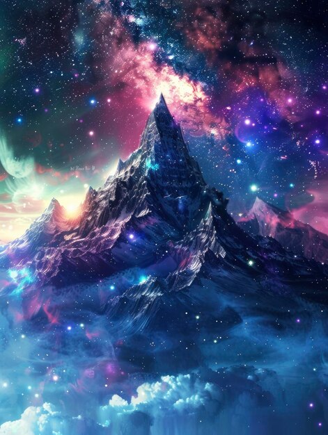 A mountain in space starry sky with galaxies and stars