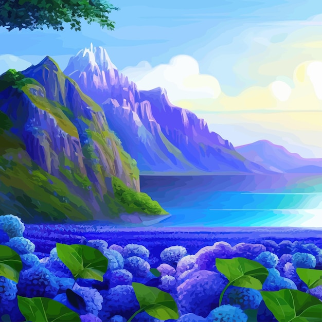 Mountain spring landscape mountains with snowy peaks lilac flower bushes Cartoon flat springlnature green grassland