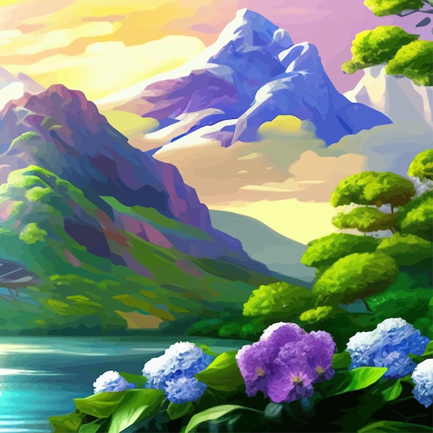 Mountain spring landscape mountains with snowy peaks lilac flower bushes Cartoon flat springlnature green grassland