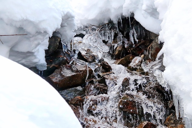 Mountain stream flows trought stones snow and icicles