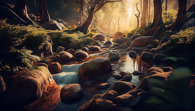 Mountain stream in the forest at sunsetgenerative ai