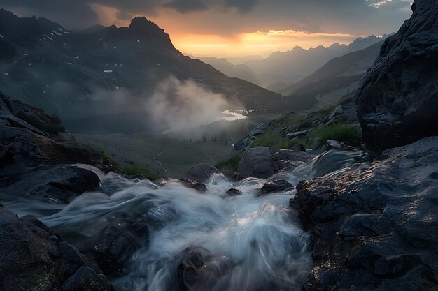 a mountain stream running through a valley with a mountain in the background