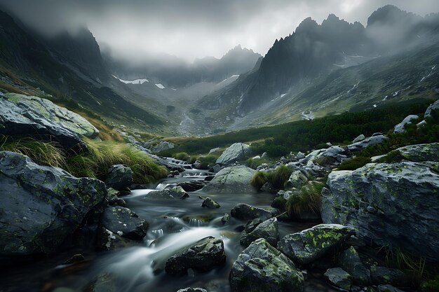 a mountain stream runs through a mountain valley with a stream running through it