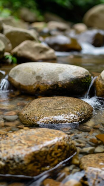 Mountain stream with crystalclear water flowing gently over smooth stones with copyspace