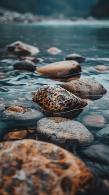 Mountain stream with crystalclear water flowing gently over smooth stones with copyspace