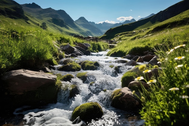 Mountain stream with fast water in summer time in Kazakhstan