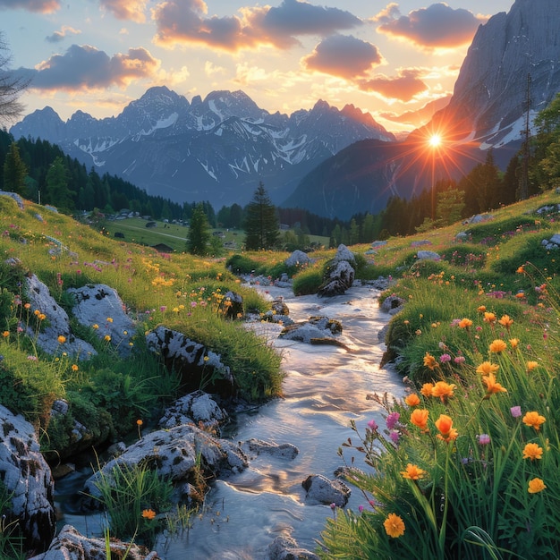 Photo a mountain stream with flowers and mountains in the background