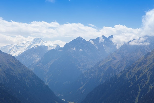 Mountain summer landscape Snowy mountains and green grass Peak Karakol Kyrgyzstan Beautiful view from the top of the mountain