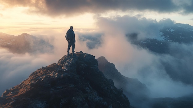 Mountain Summit Achievement Man Conquers Heights in Clouded Glory