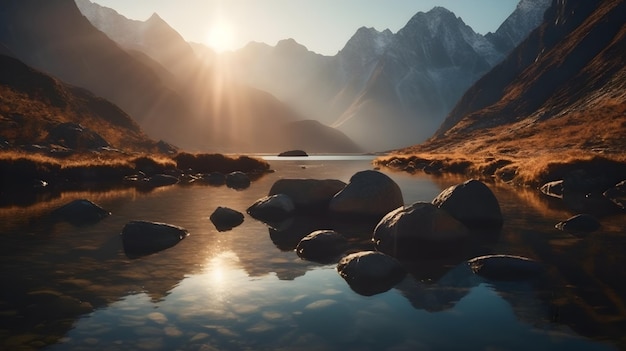 Mountain Sunrise with Crystal Clear Lake