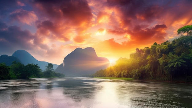 Mountain Sunrise with Glittering River and Stunning Cloudscape AI Generated