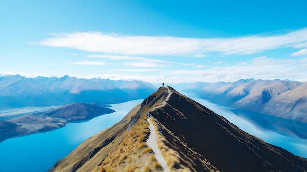 A mountain top with a view of lake wakatipu in the background