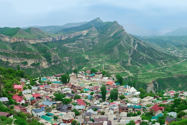 Mountain town in a misty valley among impressive mountains Gunib village in Dagestan