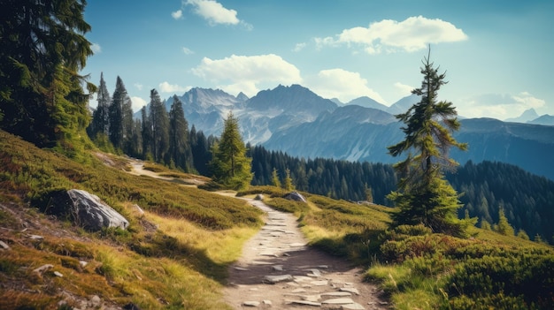 A mountain trail meandering through an alpine landscape on a sunny day