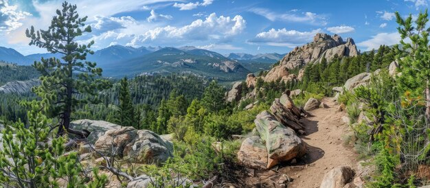 Mountain Trail with a View of Rocky Peaks