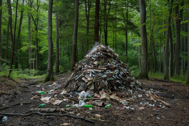 Photo a mountain of trash in the forest