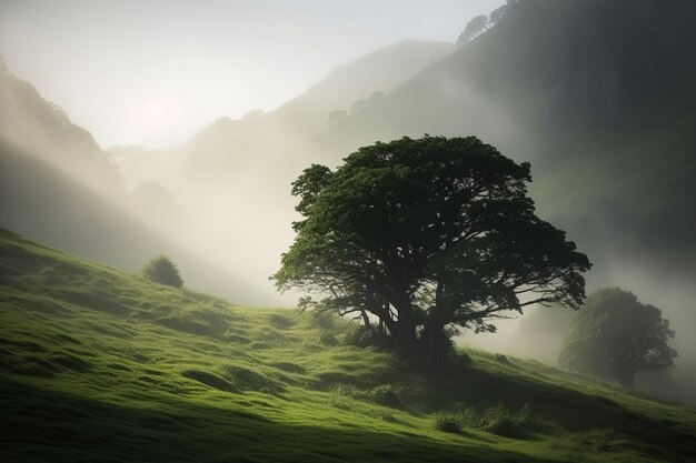 Mountain Tree Hill Mist Background Generative AI