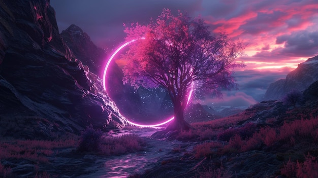 Mountain Tree with Pink Light