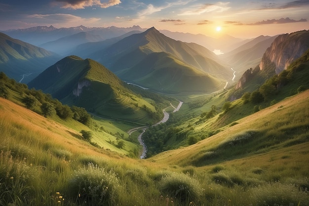 Mountain Valley During Bright Sunset Beautiful Summer Landscape