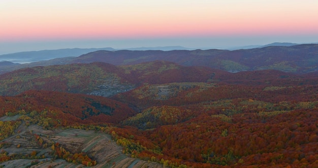 Mountain valley landscape during autumn morning forest