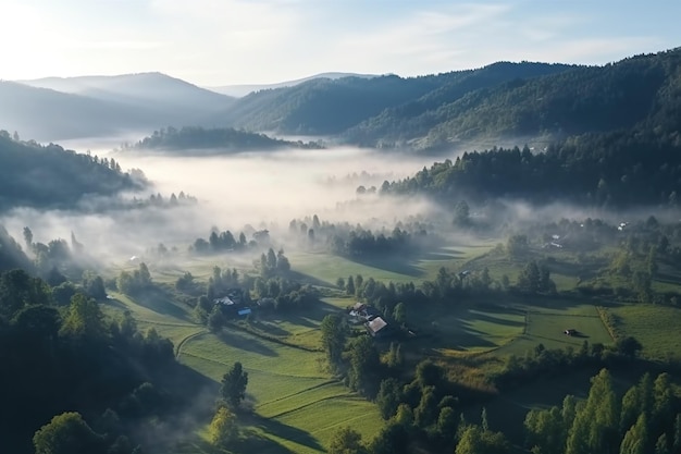 Mountain valley in morning mist view from above