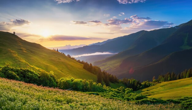 Mountain valley during sunrise Beautiful natural landscapes in the summertime