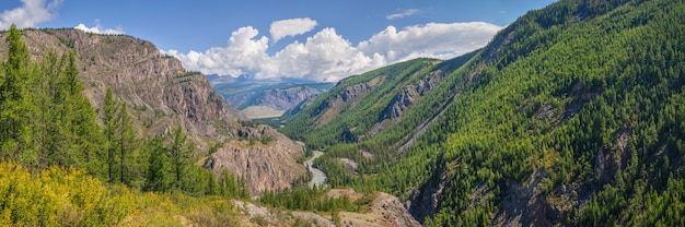 Mountain valley, wild river, green forests, sunny summer day, panoramic view