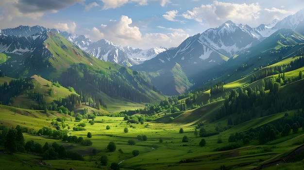 a mountain valley with a green field and mountains in the background