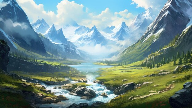 Mountain valley with a peaceful flowing river background Created with Generative AI technology