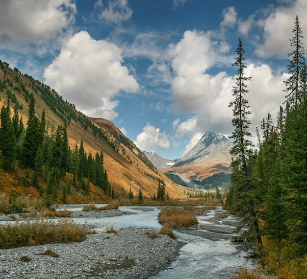 Mountain valley with river, autumn, wild places