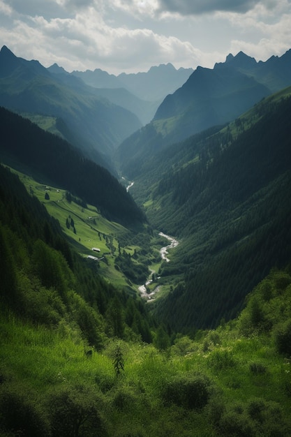 A mountain valley with a river running through it