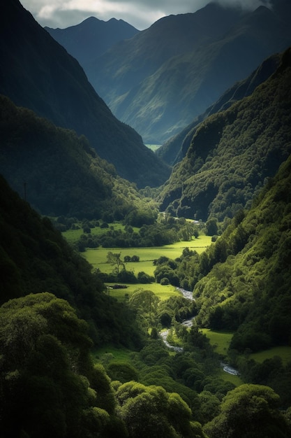 A mountain valley with a river running through it