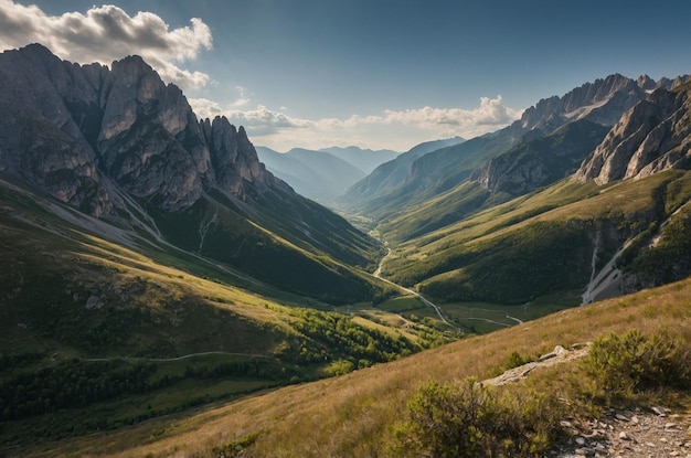 Photo a mountain valley with a road running through it and a mountain in the background