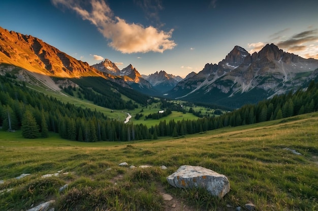 Photo a mountain valley with a rock in the foreground and a mountain in the background