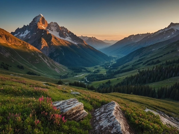 Photo a mountain valley with a valley in the background