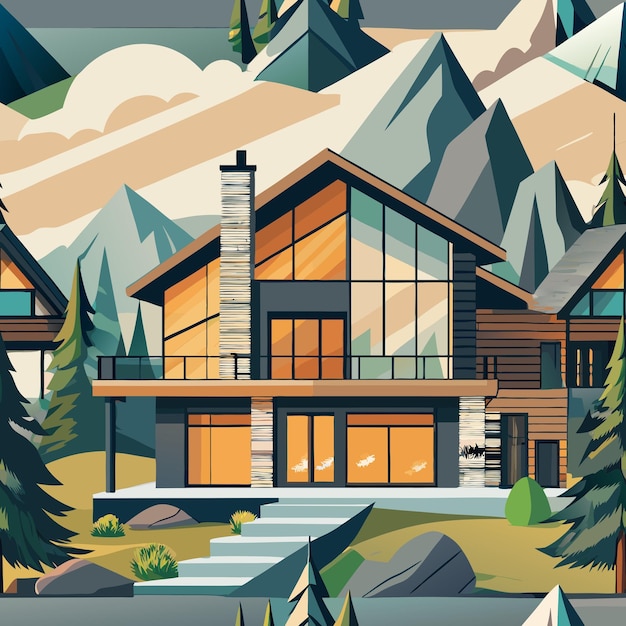 Mountain View Duplex Retreat Printable Illustration Design